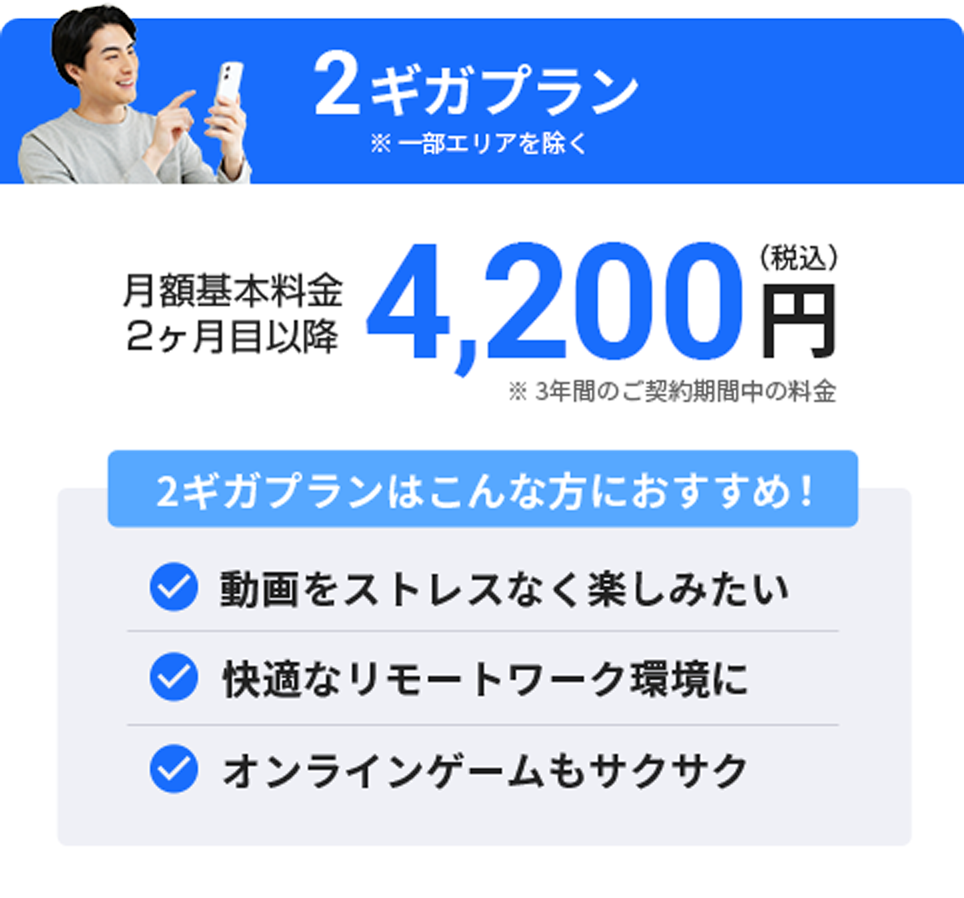 2ギガプラン ※一部エリアを除く 月額基本料金 2ヶ月目以降 税込4,200円 ※3年間のご契約期間中の料金 2ギガプランはこんな方におすすめ! 動画をストレスなく楽しみたい。快適なリモートワーク環境に。オンラインゲームもサクサク